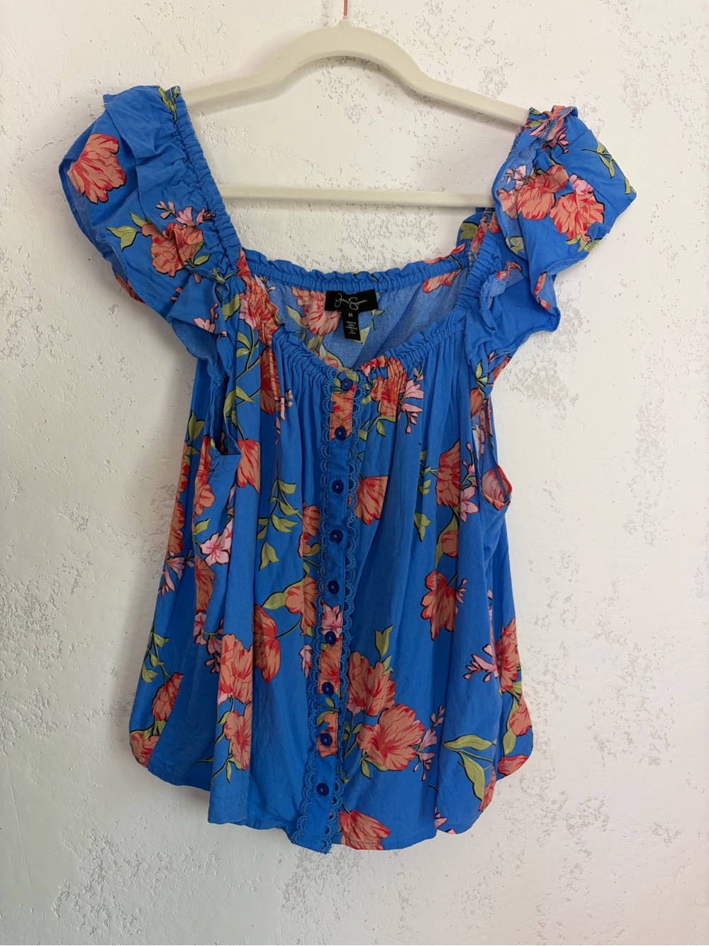 Jessica Simpson Blue Floral  Button Front Blouse